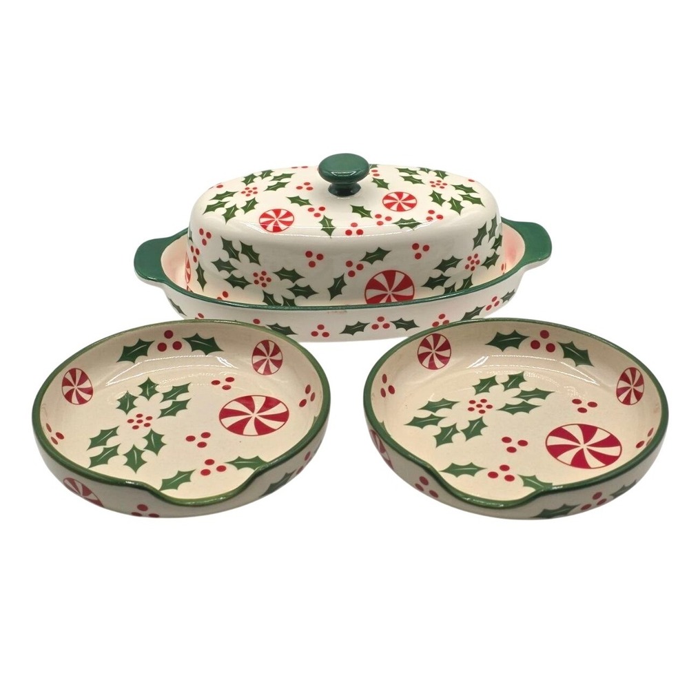 Temp-tations by Tara Christmas Holly Peppermint Butter Dish and Spoon Rests Set